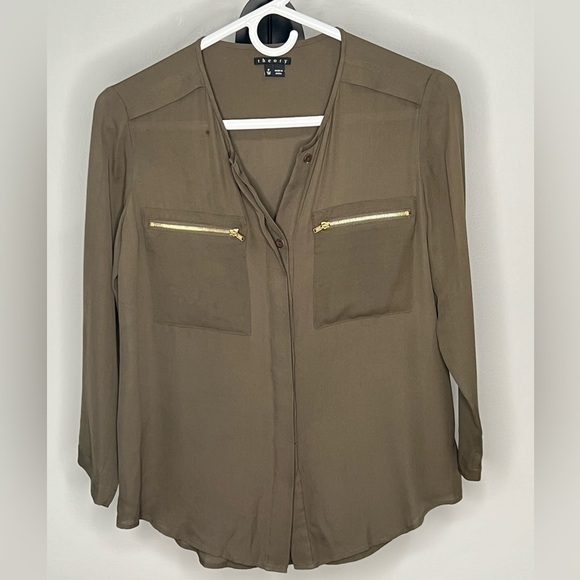 Theory Green 100% silk three-quarter sleeve zipper pocket blouse top size XXS - Picture 1 of 9